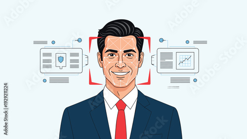 Facial recognition technology scanning a professional man's face with digital markers and identifying linked biometric data cards.
