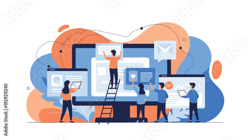 Team of creative developers and designers working together to build a responsive website on a giant computer monitor screen.