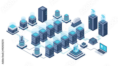 Modern data center with multiple rows of server racks interconnected in a digital network against a clean white background.