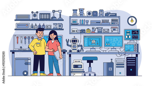 Male and female engineers standing together in a specialized robotics workshop filled with various machines and computer workstations.