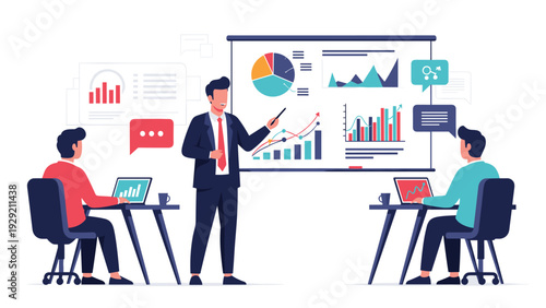 Professional business presenter explaining various growth charts and data analytics to colleagues working on their laptops.