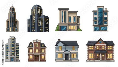 Set of eight diverse architectural building styles ranging from classic brick houses and modern apartments to towering corporate skyscrapers.