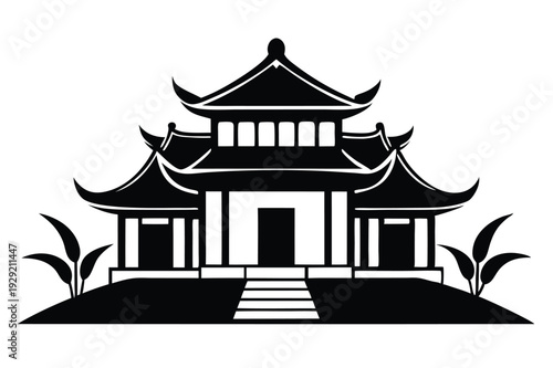 chinese house silhouette line art vector illustration
