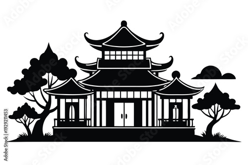 chinese house silhouette line art vector illustration
