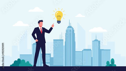 Successful businessman finding a bright innovation idea represented by a glowing lightbulb over a modern city skyline.