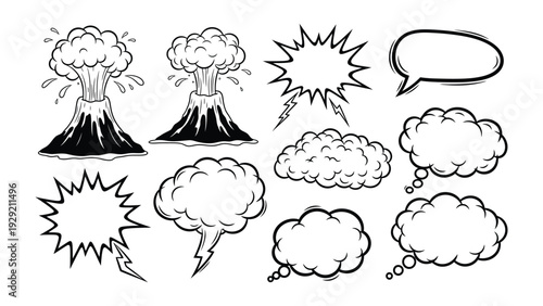 Explosive Expressions: Collection of hand-drawn comic speech bubbles and volcanoes, perfect for illustrating stories and adding impact. 