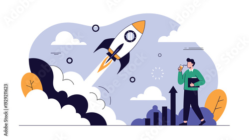 Concept of business startup launch featuring a powerful rocket taking off into the sky while a professional businessman watches.
