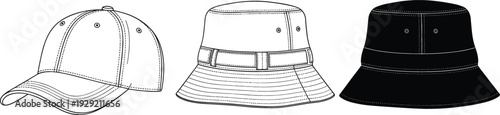 Baseball Cap and Bucket Hat Outline and Silhouette Set Isolated on White Background Fashion Vector Illustration