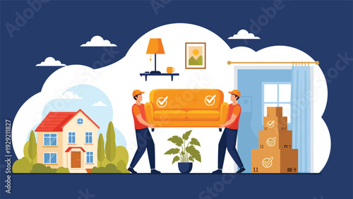 Professional movers in uniforms carry a comfortable orange sofa into a new modern living room with a house and trees in the background.