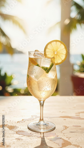 Refreshing summer drink with lemon and ice. Cold beverage for a hot day. Tropical cocktail for relaxing