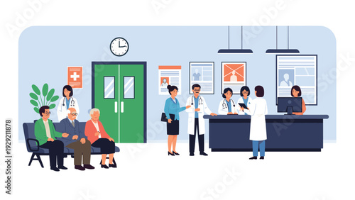 Medical staff in white lab coats attend to patients in a busy hospital reception area with a green door and information posters on the wall.
