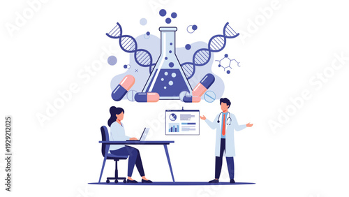 Medical researchers analyze scientific data and presenting pharmaceutical solutions with DNA and medicine icons in a laboratory setting.