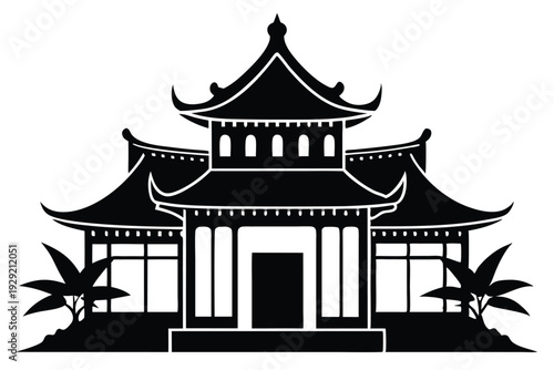 chinese house silhouette line art vector illustration