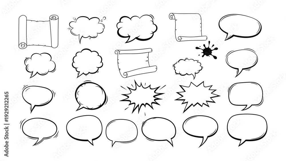 Fototapeta premium Artistic Chat Bubbles: A collection of various hand-drawn chat bubbles and scrolls, perfect for adding a creative touch to your designs, expressing thoughts and ideas.