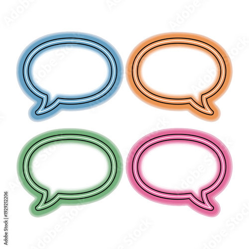 Colorful Speech Bubbles: A quartet of neon-colored speech bubbles floats, ready to convey thoughts and ideas. Capturing the essence of communication.