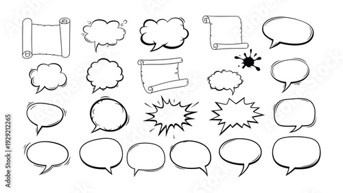 Artistic Chat Bubbles: A collection of various hand-drawn chat bubbles and scrolls, perfect for adding a creative touch to your designs, expressing thoughts and ideas.
