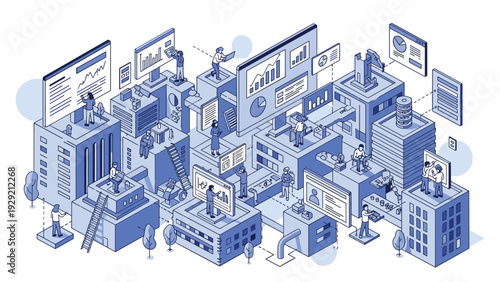 Monochromatic blue isometric smart city diagram showing people interacting with data displays and advanced urban technology infrastructure.
