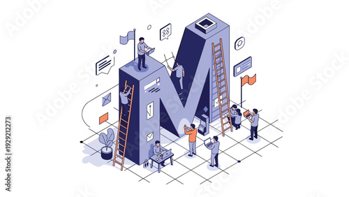 Small workers collaborate to build and maintain a giant letter M with ladders and tools in a blue and white isometric technological illustration.