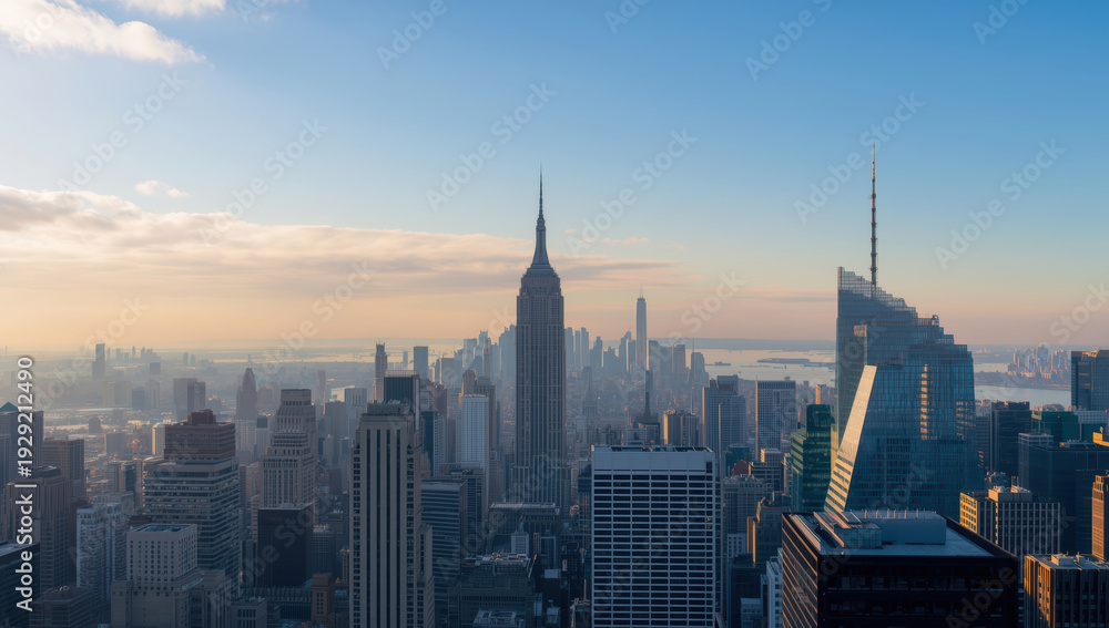 Naklejka premium Sunrise city skyline with iconic midtown skyscraper silhouette and soft pastel sky