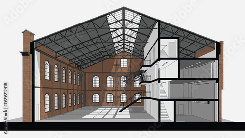Detailed architectural cross section of a large industrial building showing multiple interior floors, staircases, and a classic brick facade.