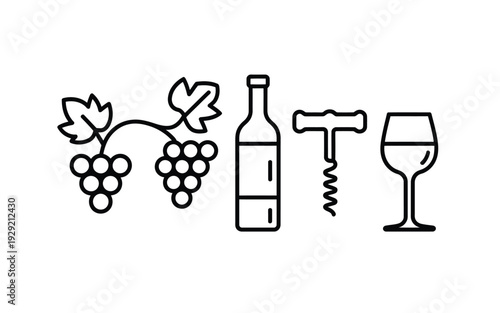 A wine bottle icon with grapes and a glass illustration