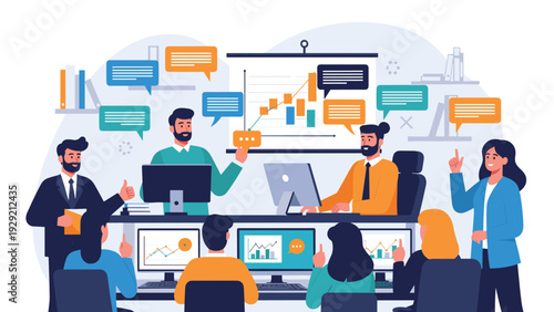 Business team collaborating in a modern office during a workshop with data visualization on screens and various speech bubbles for ideas.