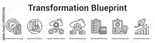 Transformation Blueprint web banner icon set vector illustration concept for business with icon of Transformation Strategy, Business Evolution, Digital Transformation, System Development, Operatio.