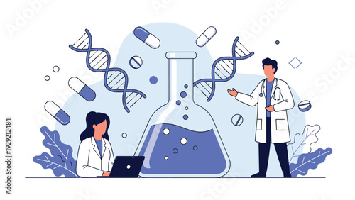 Team of scientists in white coats conducting research in a medical laboratory with a large beaker, DNA strands, and floating medicine pills.