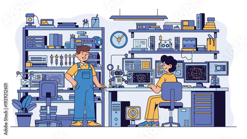 Skilled engineers working in a technical laboratory filled with electronic tools, robots, and computers for advanced device development.