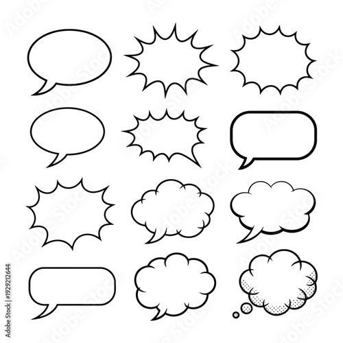 Speech Bubble Collection: A diverse compilation of speech bubbles, each meticulously outlined to capture attention and communicate diverse expressions and thoughts. A visual lexicon of communication.