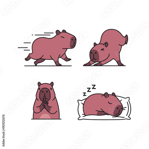 Capybara running, sleeping, and yawning in different cartoon styles