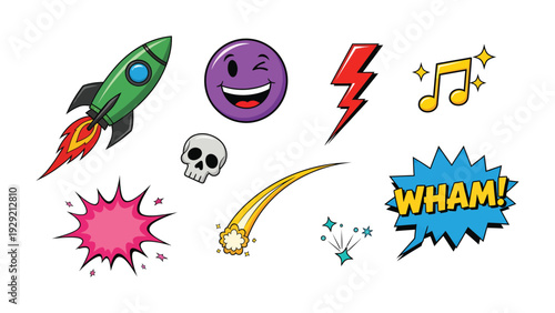 Whimsical Illustrations: A collection of vibrant and playful illustrations, featuring a rocket, winking smiley face, lightning bolt, musical note, skull, shooting star.