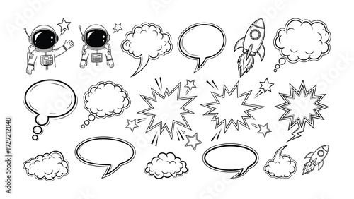 Astronauts & Comic Elements: A captivating hand-drawn illustration featuring astronauts, speech bubbles, and a rocket, perfect for storytelling and design. 