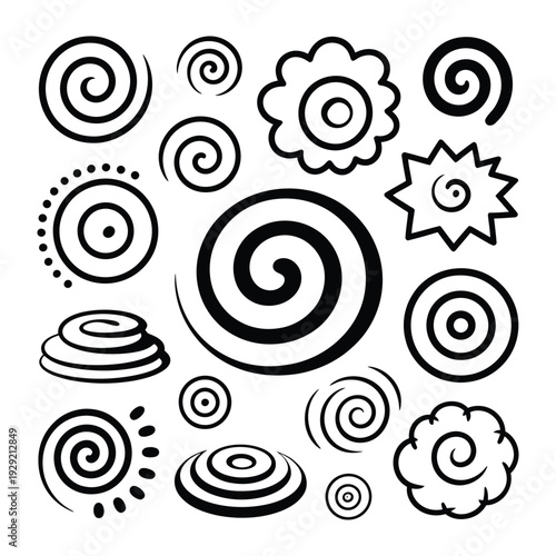 Abstract Spiral Elements: A collection of various spiral and swirling patterns in a minimalist, black-and-white style. The designs evoke a sense of movement, energy, and artistic expression.