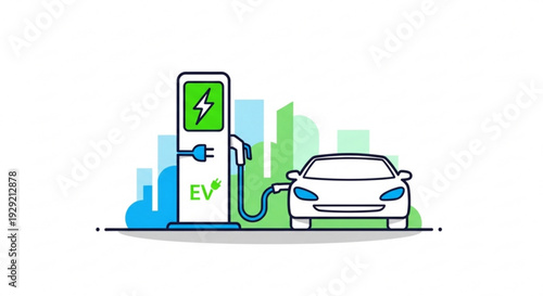 Electric vehicle charging station with car city background eco friendly transportation concept ev charger sustainable energy