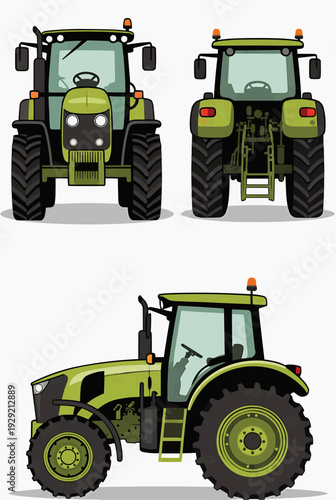 Modern green farm tractor vehicle flat vector illustration set