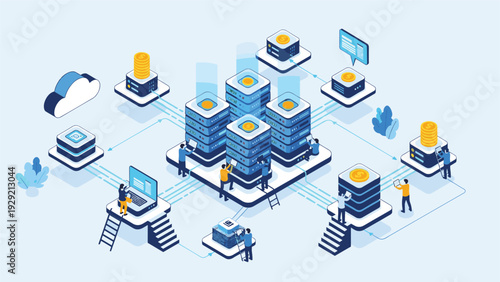 Isometric view of a digital financial system where technicians manage server towers topped with gold coins representing data monetization.