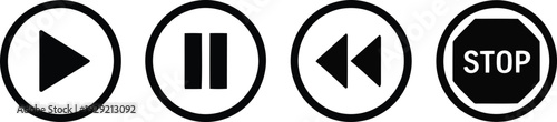 Four circular buttons representing play, pause, rewind, and stop functions