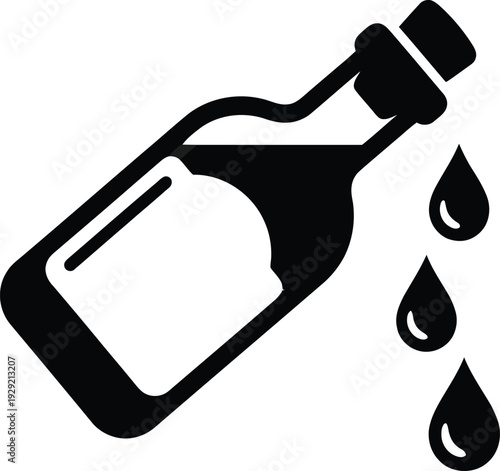 Black silhouette of a bottle with liquid droplets falling symbolizing leakage or pouring on a white background