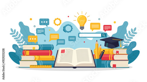 Vibrant educational still life featuring stacks of colorful books, a graduation cap, and a glowing light bulb symbolizing academic success.