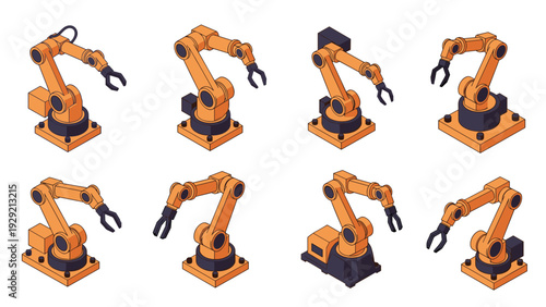 Collection of different industrial orange robotic arms designed for precision automation and manufacturing tasks in a factory setting.