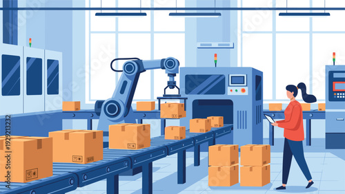 Warehouse employee monitoring an automated line where a large robotic arm is sorting and stacking cardboard boxes onto conveyors.