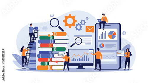 Modern learning ecosystem where individuals interact with physical books, mobile devices, and large digital screens to analyze complex data.