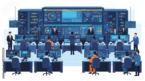 Command and control center featuring a large wall of screens monitored by a team of professional operators managing complex systems.