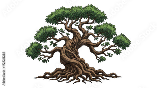 Artistic rendering of a magnificent ancient tree with a thick gnarled trunk and lush green foliage standing against a white background.