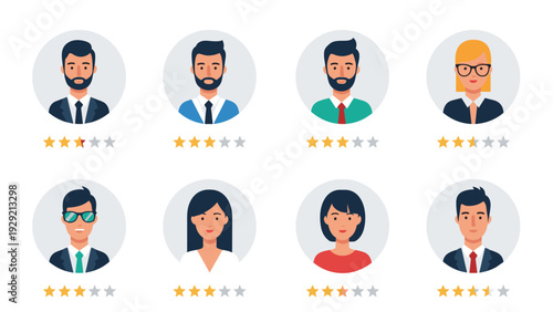 Collection of diverse professional avatars paired with five-star rating systems for evaluating customer service or performance reviews.