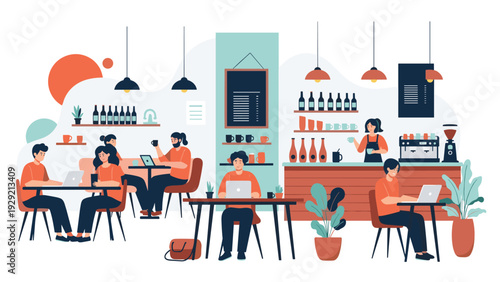 Diverse group of young professionals working on laptops and enjoying coffee in a modern, well-lit cafe with a friendly atmosphere.