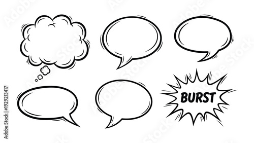 Comic Speech Bubbles: A collection of hand-drawn comic speech bubbles, perfect for adding text and thought to your design projects, featuring a thought bubble and a burst.