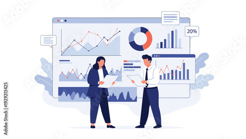 Pair of business analysts reviewing complex financial reports and performance charts on a large digital dashboard screen in an office.
