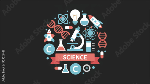 science concept with various icons and symbols on dark background